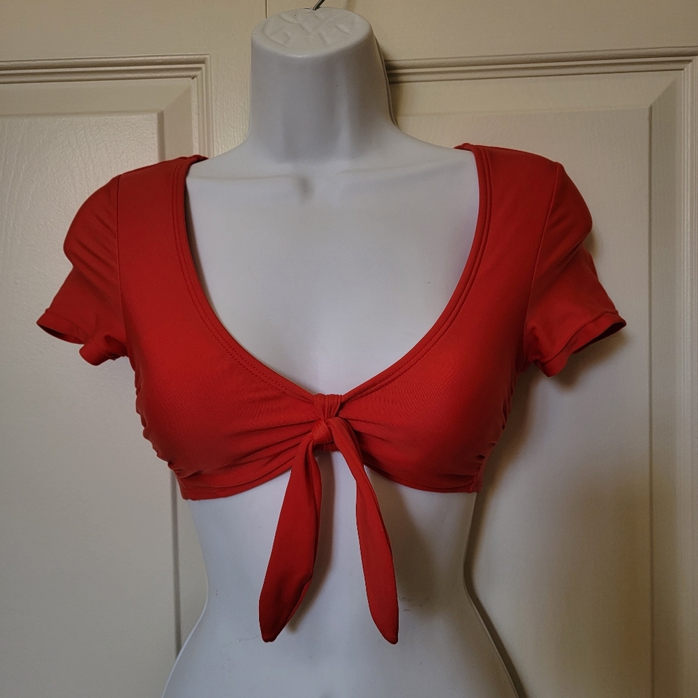 Red Swimsuit Top with Tie Front